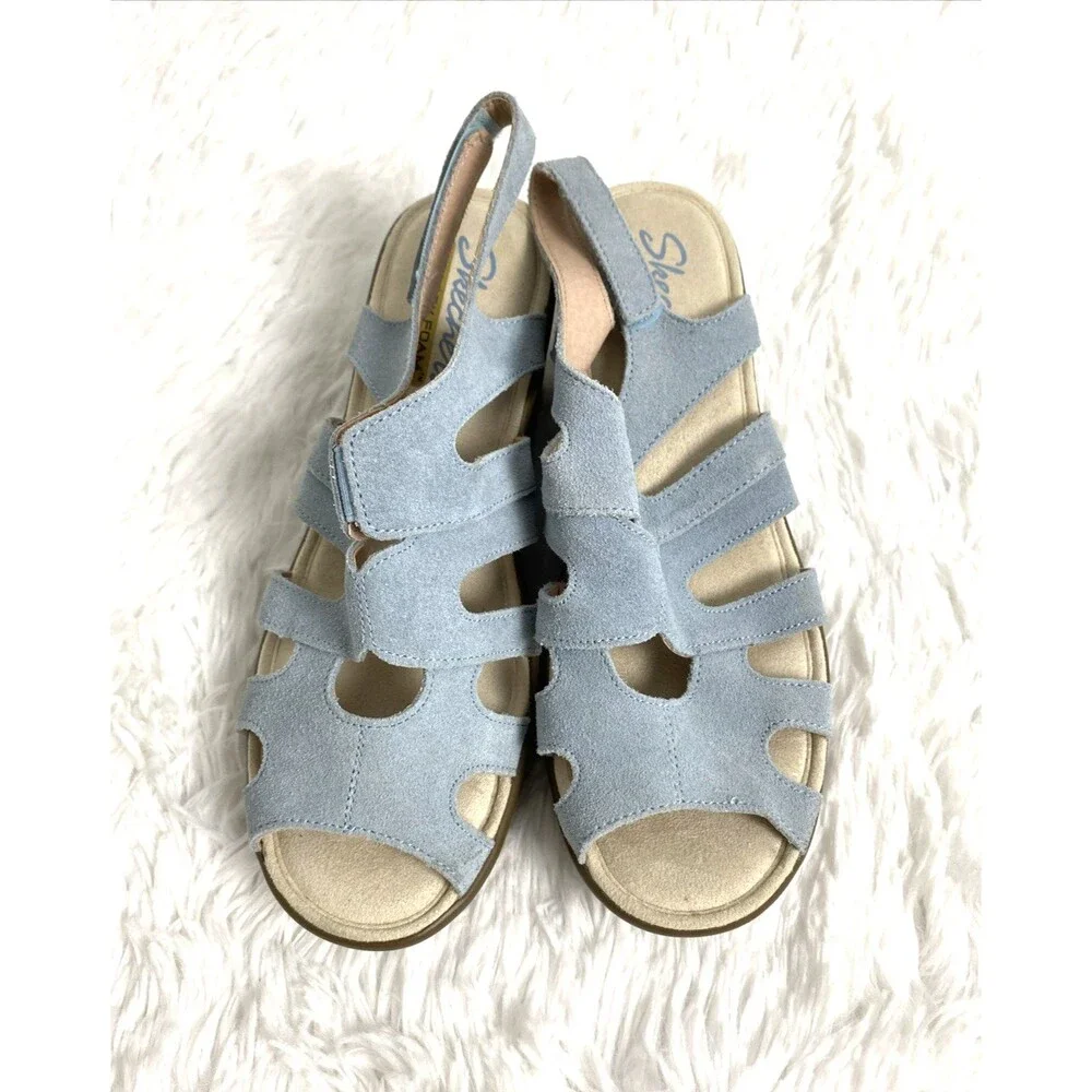 Skechers Memory Foam Womens Wedge Sandals Size 8 Blue Sky Suede Slingback - Picture 8 of 12